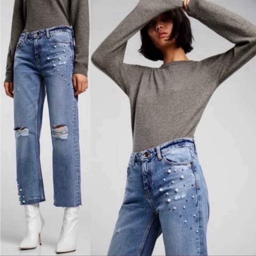 Zara Basic Z1975 Denim Straight Pearl Distressed Embellished Jeans 2